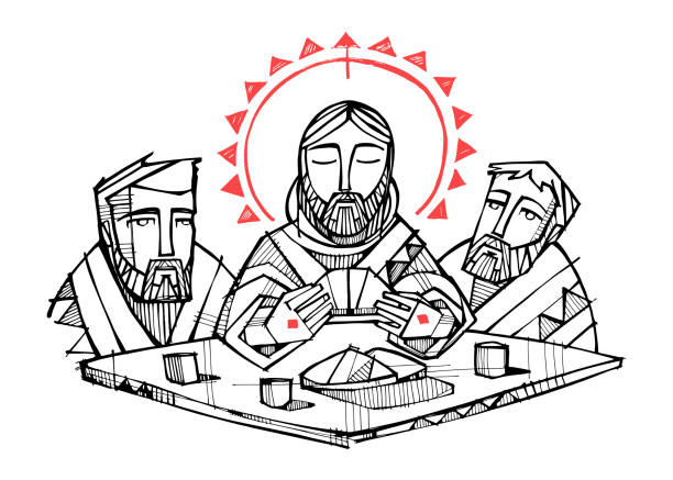 ilustraciones, imágenes clip art, dibujos animados e iconos de stock de jesucristo y discípulos en emao - santa