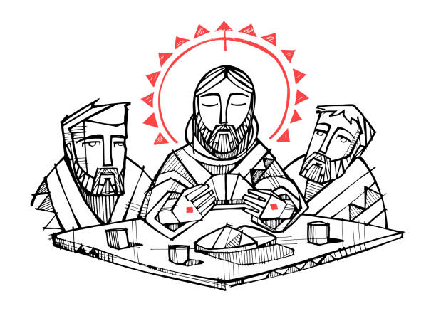 Jesus Christ and disciples at Emaus Digital vector illustration or drawing of Jesus Christ and disciples at Emaus last supper stock illustrations