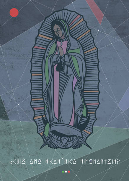 Digital illustration of Our Lady of Guadaluoe Digital illustration or drawing of Our Lady of Guadalupe with a phrase in Nahuatl that means: Am I Not Here, I Who Am Your Mother? virgen de guadalupe stock illustrations