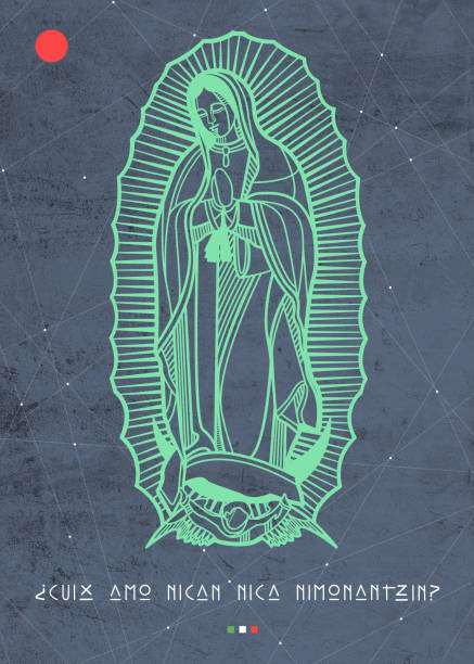 Digital illustration of Our Lady of Guadaluoe Digital illustration or drawing of Our Lady of Guadalupe with phrase in nahuatl that means: Am I Not Here, I Who Am Your Mother? virgen de guadalupe stock illustrations