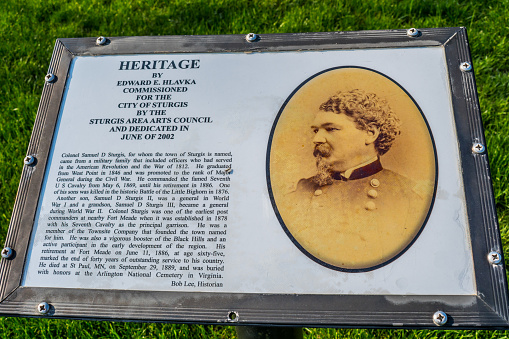 Sturgis, SD, USA - May 29, 2019: The Heritage signage post