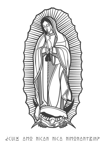 Digital illustration of Our Lady of Guadalupe Digital illustration or drawing of Our Lady of Guadalupe with phrase in nahuatl that means: Am I Not Here, I Who Am Your Mother? virgen de guadalupe stock illustrations