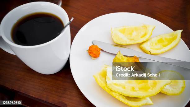 Finish Eating Fruits And Starting Drinking Black Coffee Stock Photo - Download Image Now