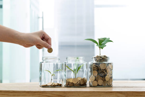 Woman putting coin in the jar with plant Woman putting coin in the jar with plant. deposit bottle stock pictures, royalty-free photos & images