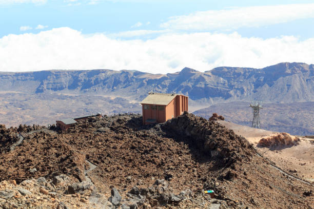 Rock formations and the rugged mountain slopes of El Teide National Park in Tenerife. The scene highlights layered lava structures, earthy tones, and the distinct summit of Teide under a deep blue sky — ideal for concepts of geology, wilderness, natural landscapes, volcanic environments, and conservation areas.