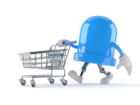 LED character with shopping cart isolated on white background. 3d illustration
