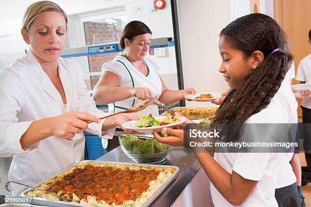 Aluna A Segurar A Placa De Almoço Cantina Escola - Fotografias de stock e mais imagens de Cantina - Cantina, Educação, Merenda Escolar