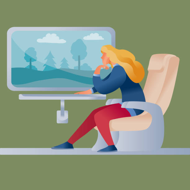 donna in sella a un treno e annoiata appoggiata su un tavolo con la mano, guardando le finestre di un paesaggio visibile e sognando qualcosa, - illustrazione arte vettoriale