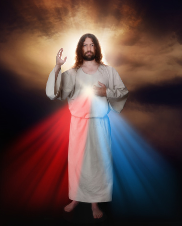 Classic representation of the Divine Mercy Image as introduced by Saint Fuastina