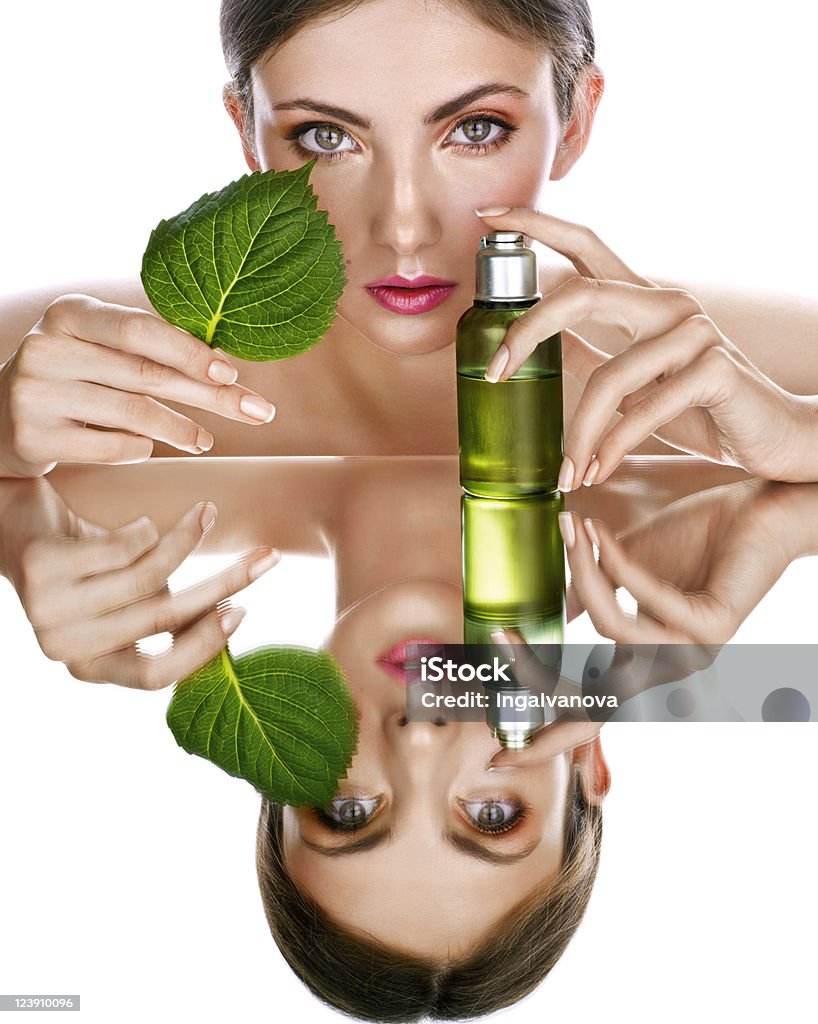 organic cosmetic beauty with organic skincare product. Focus on face. Adult Stock Photo