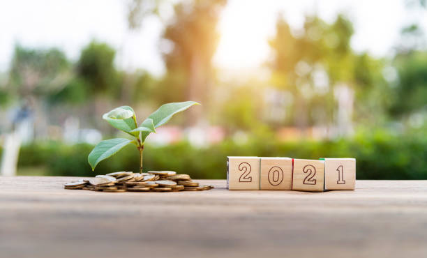 istock Coin jar and number 2021 on the table 1239119503