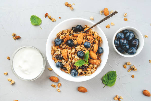 istock Baked granola with yogurt and blueberries. 1239128468