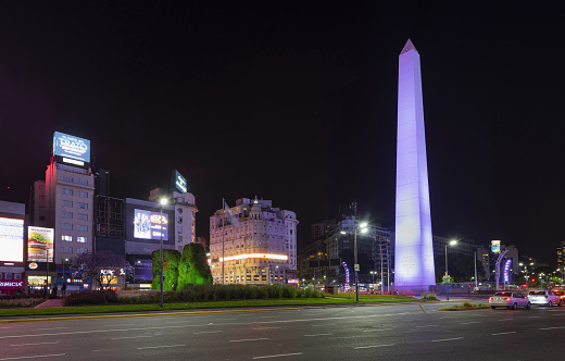 Buenos Aires, Argentina, November 19, 2019: The Obelisco de Buenos Aires, a national historic monument and icon of the city, by night. It was erected in 1936 to commemorate the quadricentennial of the foundation of the city.