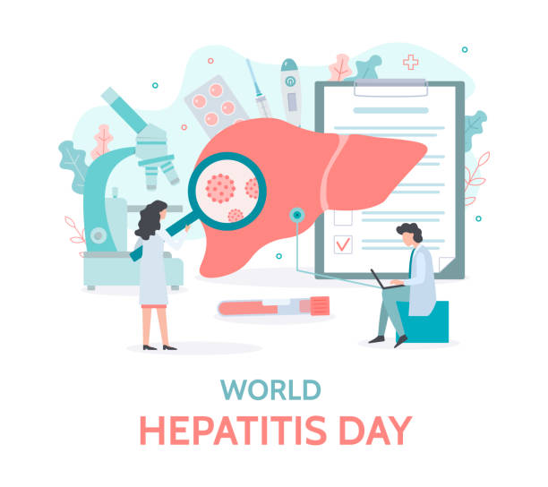 World Hepatitis Day medical concept World Hepatitis Day. Diagnostics and treatment of the liver. Medical banner with tiny people. Flat vector illustration. hepatitis stock illustrations