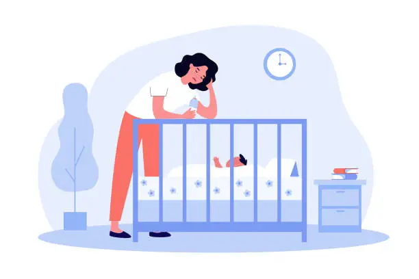 Vector illustration of Depressed tired mom giving bottle to baby