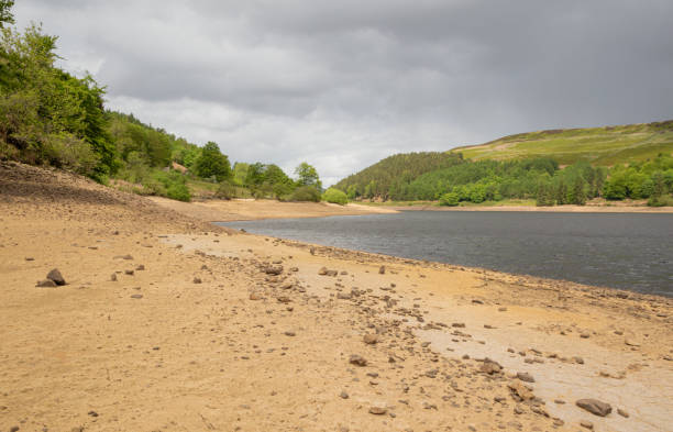 istock Derwent reservoirs sandy shore with stones on the beach 1239162538