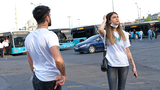 Istanbul, Turkey - 23 May, 2020: New daily life and empty streets in istanbul after coronavirus outbreak. Turkish people wearing protective face masks amid coronavirus COVID-19 epidemic.