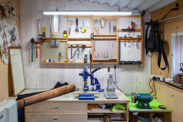 leather craft workshop interior. - carpentry toolbox craft product work tool imagens e fotografias de stock
