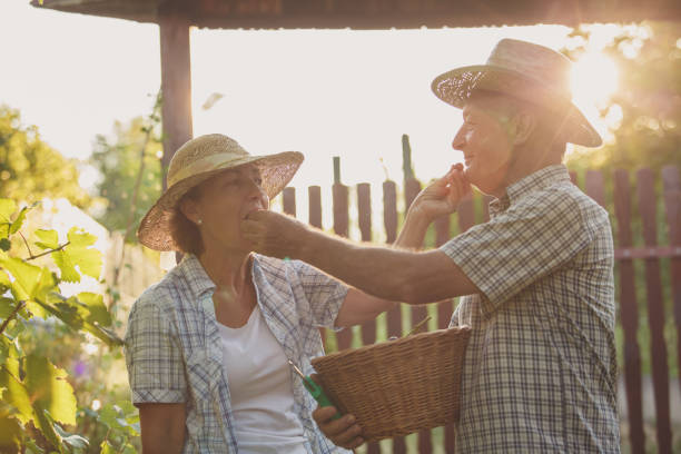 istock Senior couple feeding each other grapes 1239206103
