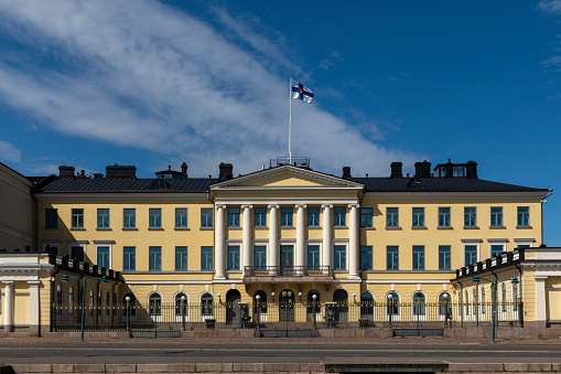 Helsinki, Finland - may 27th 2020: Finlands presidents ceremonial palace is located downtown Helsinki. The building is used for organising events and high level meetings.