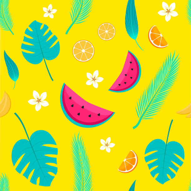 ilustraciones, imágenes clip art, dibujos animados e iconos de stock de patrones de frutas tropicales y hojas sin costura, fondo de verano en vector. - leafes fruit orange leaf