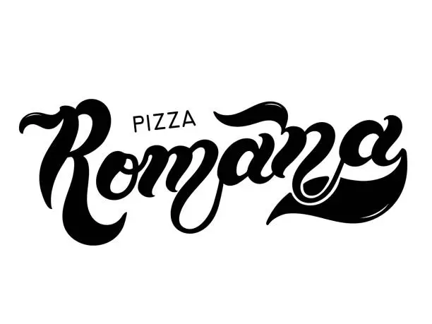 Vector illustration of Pizza Romana. The name of the type of Pizza in Italian. Hand drawn lettering