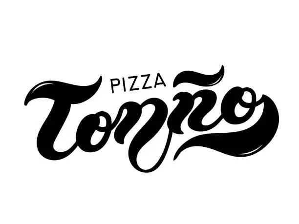 Vector illustration of Pizza Tonno. The name of the type of Pizza in Italian. Hand drawn lettering