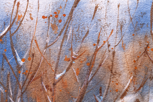 Abstract art background light blue and white colors. Watercolor painting on canvas with brown gradient. Fragment of artwork on paper with winter forest pattern. Texture backdrop, macro.
