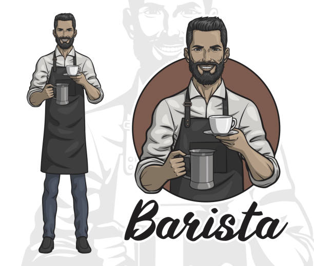 mężczyzna barista z filiżanką kawy - grind stock illustrations