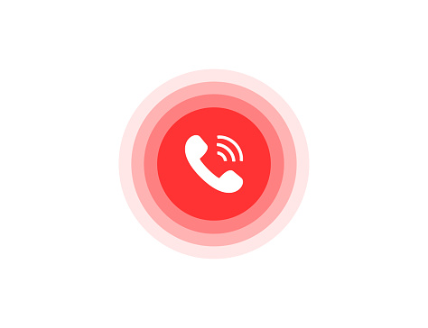 Ringing phone icon in red circle. Mobile phone symbol. Connection mobile icon. Contact button with phone sign. Vector EPS 10