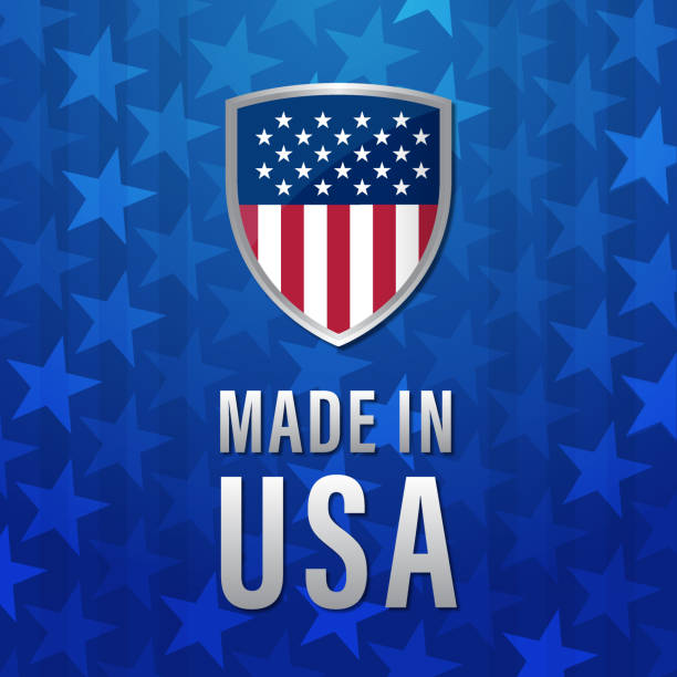 illustrazioni stock, clip art, cartoni animati e icone di tendenza di striscione made in usa con sfondo american flag - usa made in the usa industry striped