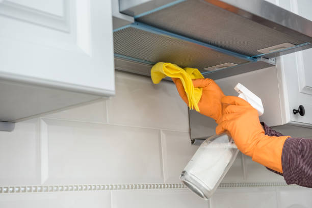 male hands in protective gloves cleaning the kitchen hood with rag and spray bottle male hands in protective gloves cleaning the kitchen hood with rag and spray bottle . housekeeper cleaning stove domestic kitchen human hand stock pictures, royalty-free photos & images