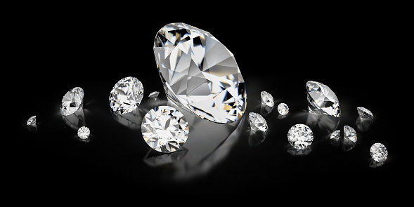 3d image. Scattering of diamonds on a black reflective background.