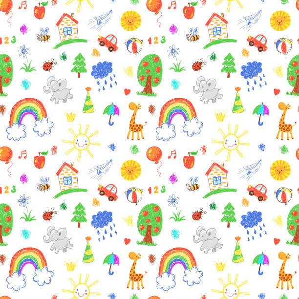 손으로 그린 어린이 장난감, 아이들은 흰색 배경에 낙서와 원활한 벡터 패턴 - flower hat fun child stock illustrations