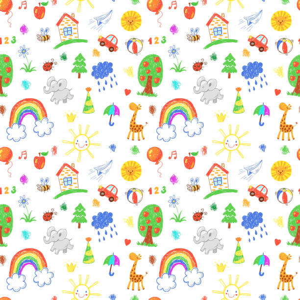 Seamless vector pattern with hand drawn children toys, kids doodles on a white background Seamless vector pattern with hand drawn children toys, kids doodles background sketches of elephants background stock illustrations