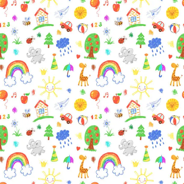 Vector illustration of Seamless vector pattern with hand drawn children toys, kids doodles on a white background