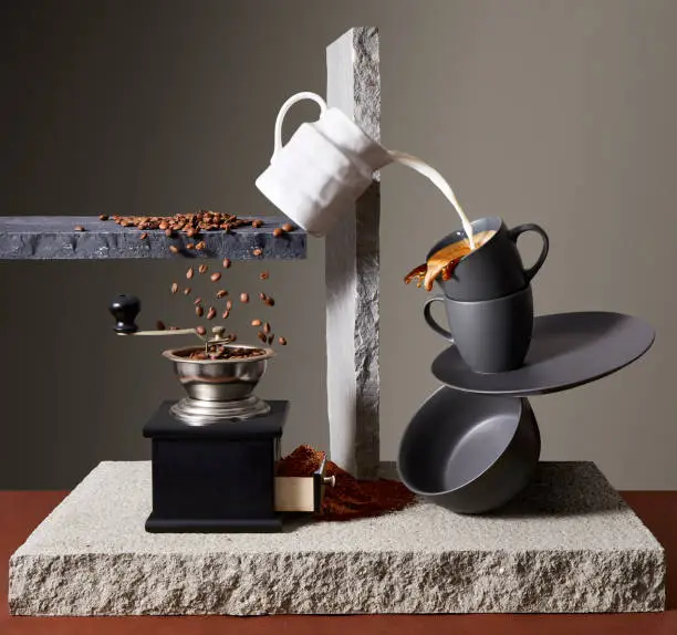A digitally created studio image of a surreal coffee pouring scenario