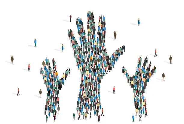 Vector illustration of Silhouettes of hands made from people mob on white background, vector illustration in flat style