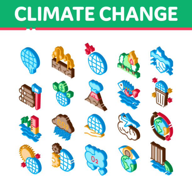 기후 변화 생태학 아이소메트릭 아이콘 세트 벡터 - global warming pollution deforestation carbon dioxide stock illustrations