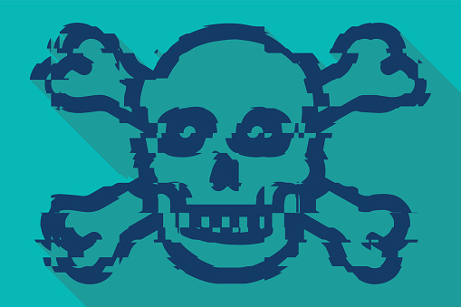 A glitched skull and crossbones Covid-19 illustration