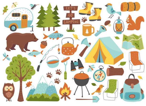 illustrazioni stock, clip art, cartoni animati e icone di tendenza di campeggio e set escursionistico. - camping picnic mountain vector