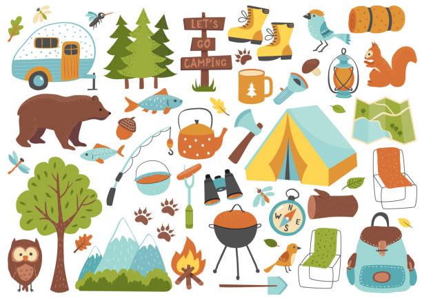 Camping and hiking set. Camping and hiking set, hand drawn elements- tent, campfire, map and wild animals.  Perfect for scrapbooking, craft projects, party invitations, posters, tags, sticker kit. Vector illustration fisher role illustrations stock illustrations