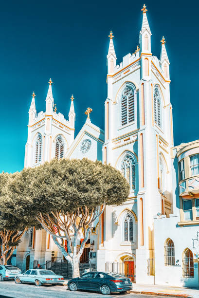 San Francisco, California, detail of the bell towers of the St. Francis of Assisi church.