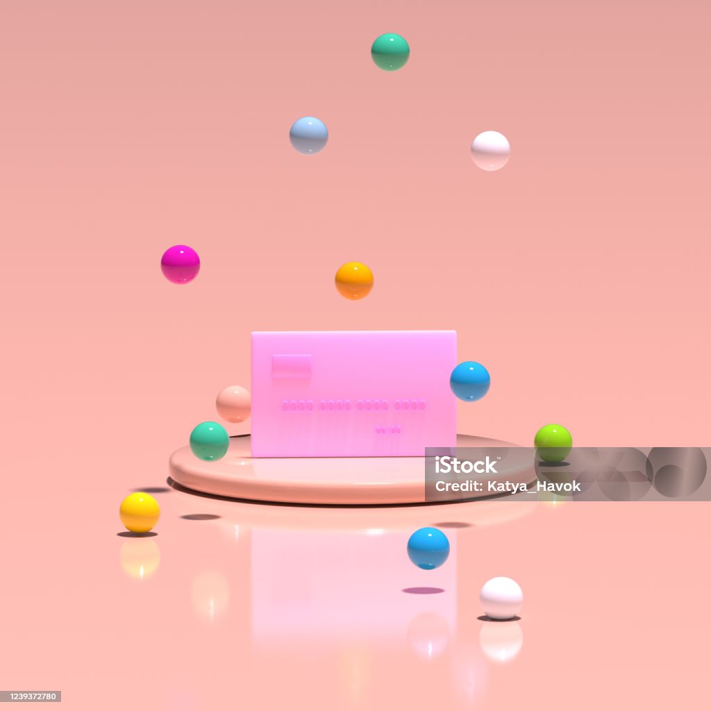 A pink credit card stands on a platform among flying multicolored balloons. Pastel living coral color. 3D render. Credit Card Stock Photo