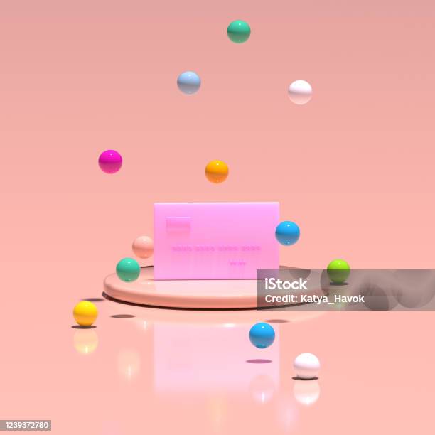 A Pink Credit Card Stands On A Platform Among Flying Multicolored Balloons Pastel Living Coral Color 3d Render Stock Photo - Download Image Now