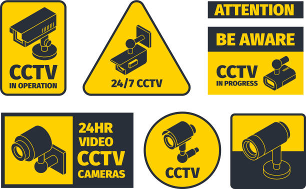Cctv systems. Information badges safety anounce warning robbery signal security danger alert vector sign Cctv systems. Information badges safety anounce warning robbery signal security danger alert vector sign. Attention badge security, cctv safety warning illustration surveillance camera sign stock illustrations