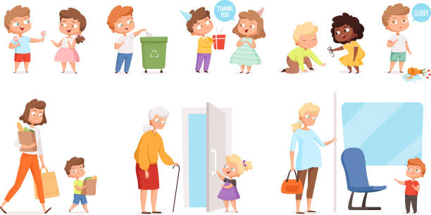 illustrazioni stock, clip art, cartoni animati e icone di tendenza di comportarsi con i bambini. i bambini con buone maniere che aiutano a adulti e l'altro rispettano i personaggi vettoriali - urbanity