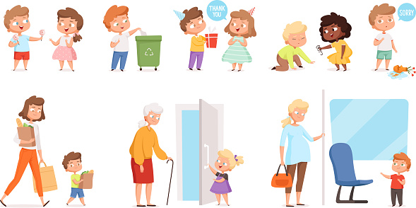 Behaving Kids Childrens With Good Manners Helping To Adult And Otherness  Helpful Respect Vector Characters Stock Illustration - Download Image Now -  iStock