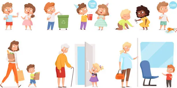 Vector illustration of Behaving kids. Childrens with good manners helping to adult and otherness helpful respect vector characters