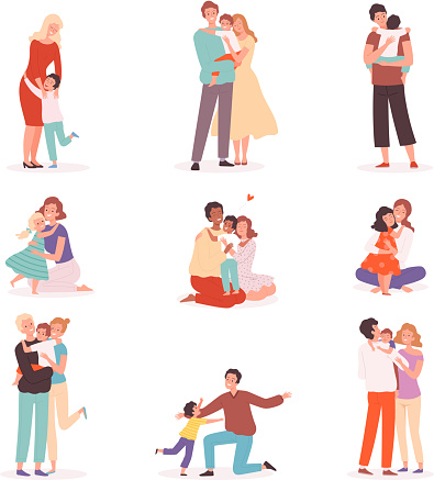 Family embrace. Happy parents hugging smiling kids comforted childhood mother kisses vector cartoon characters